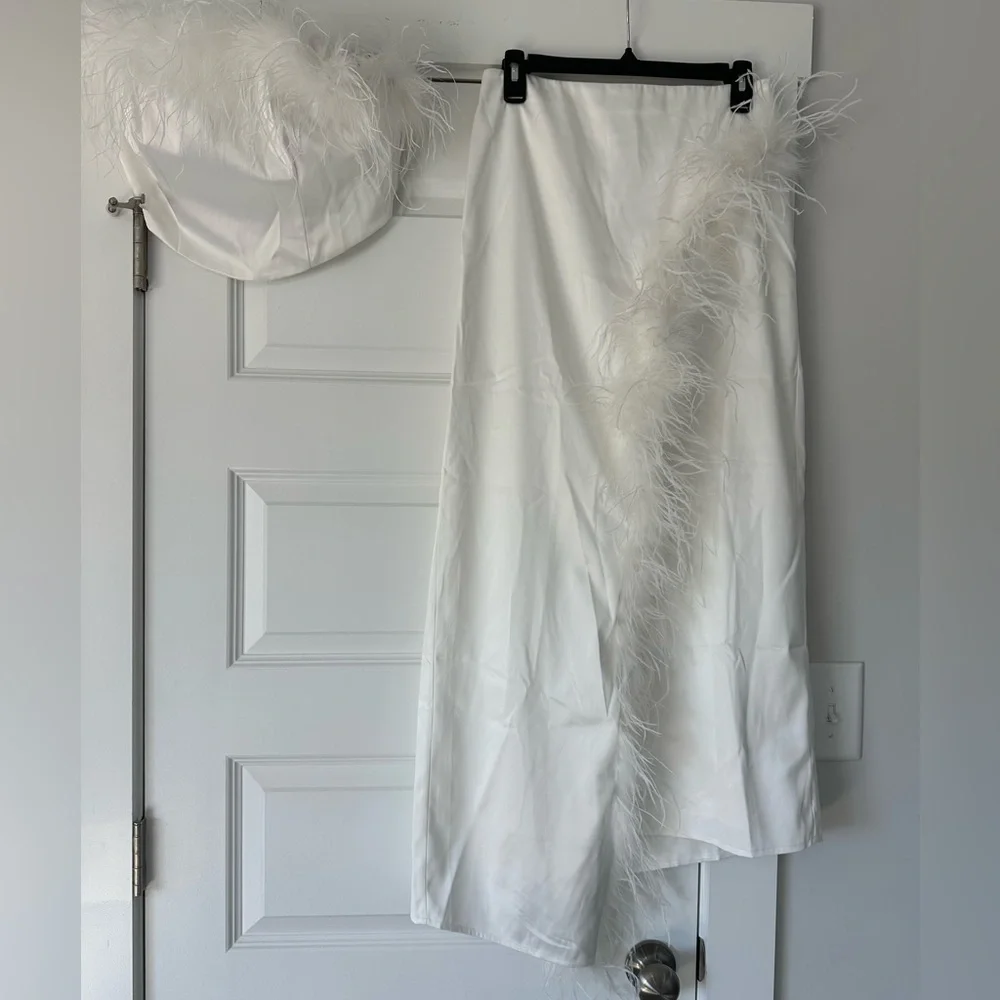 Hutch Faux Feather Strapless Crop Top And Column Maxi Skirt Set - Picture 10 of 11